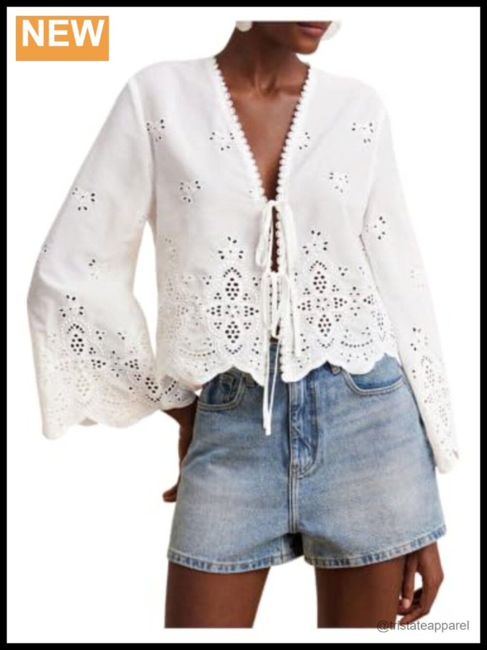 Eyelet Embroidery Tie Front Long Sleeve Blouse Women's Casual Top